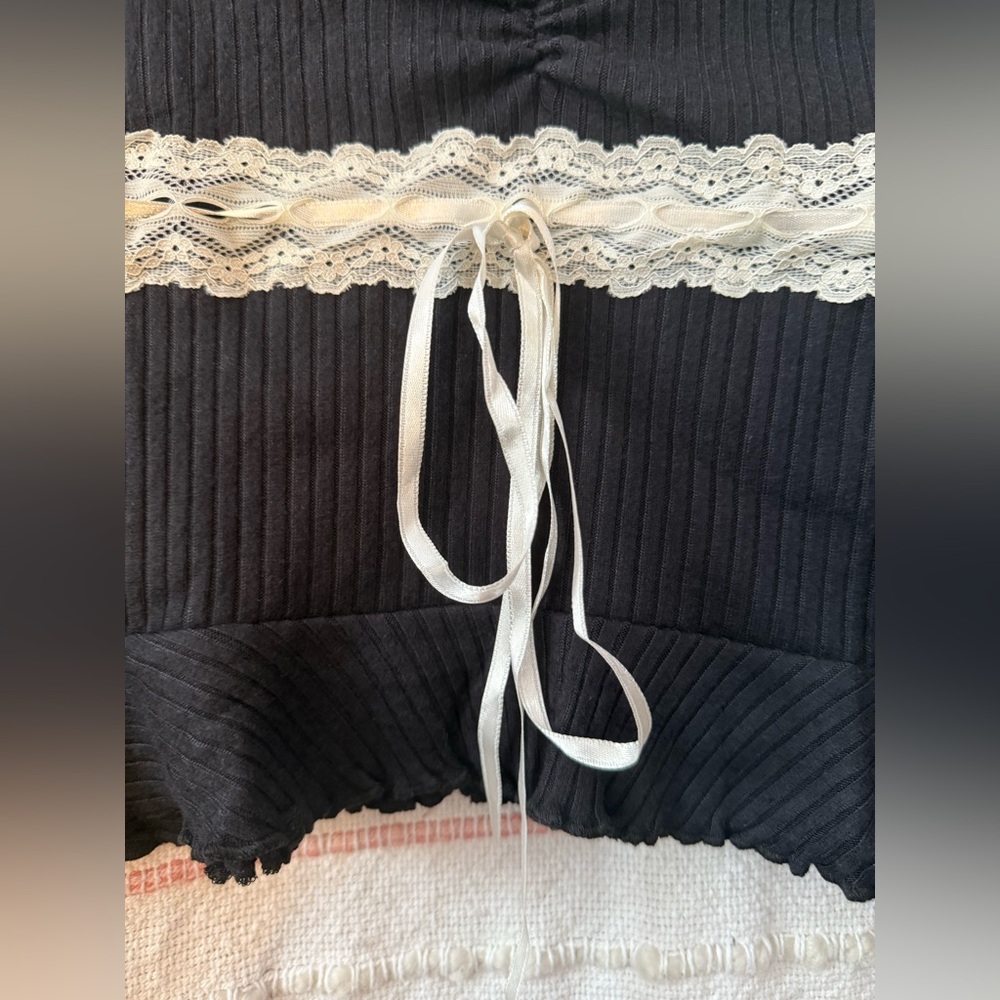 Urban Outfitters Kimchi Blue Black Crop Top with White Lace Detail - Size Small - Picture 3 of 8